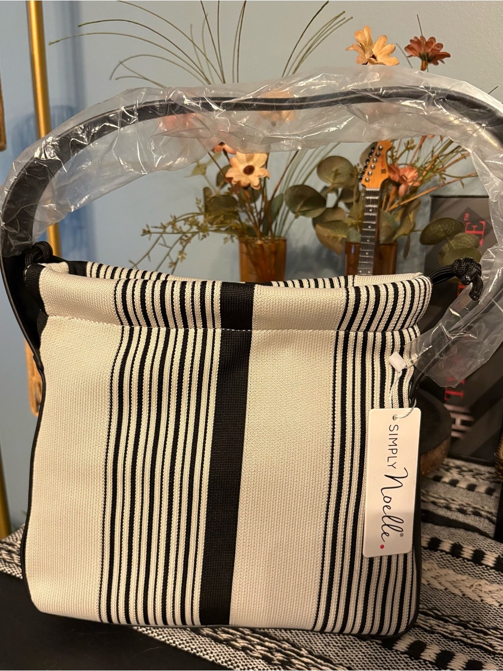 Simply Noelle Black and Cream Vertical Stripe Shoulder Tote